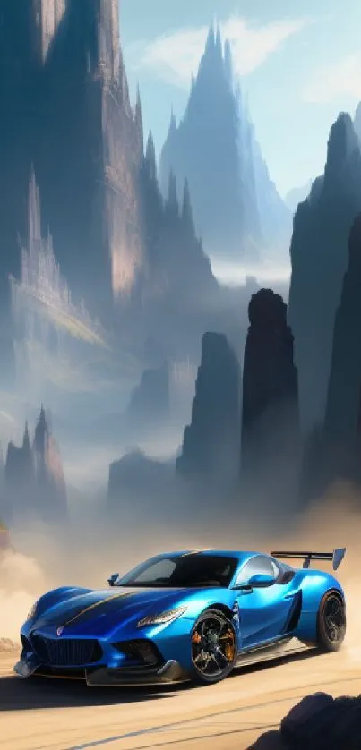 Blue sports car navigates through towering fantasy cliffs and landscapes.