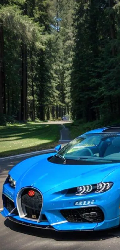 Blue sports car on forest road with tall trees.