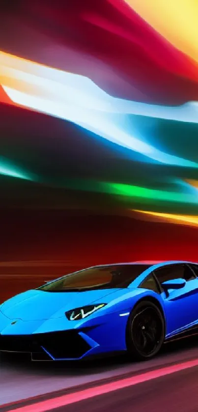 A blue sports car under vibrant neon lights at speed.