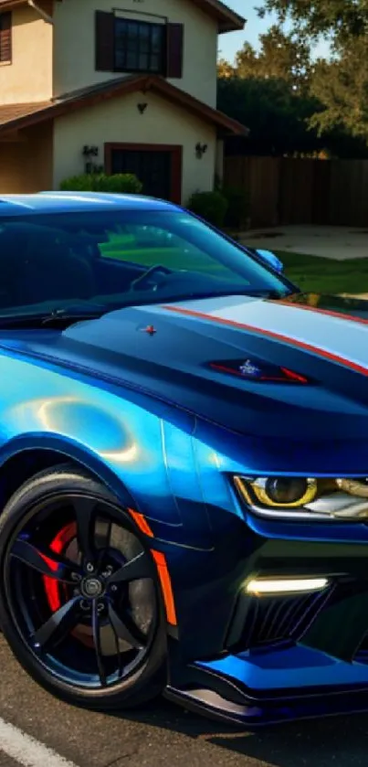 Blue sports car parked in a suburban street setting.