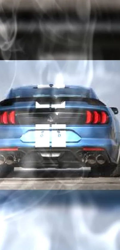 Rear view of a sleek blue sports car emitting smoke.