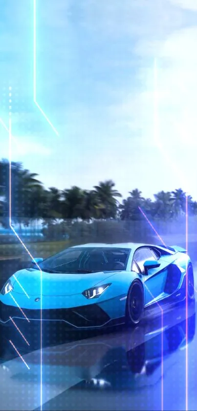 Blue sports car on wet road, palm trees.