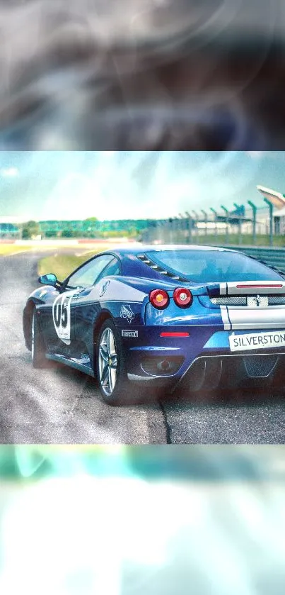 Blue sports car racing on track with a dynamic background.