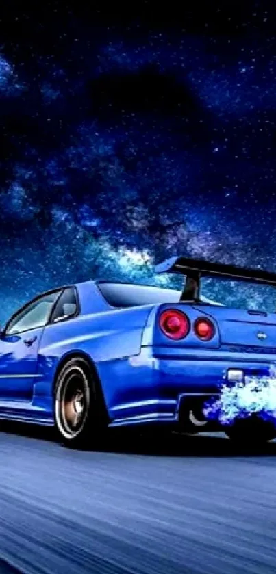 Blue sports car speeding under a starry night sky wallpaper.