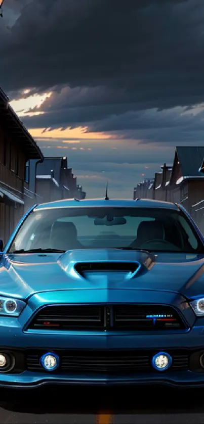 Blue sports car on snowy street with wooden houses and a street lamp.