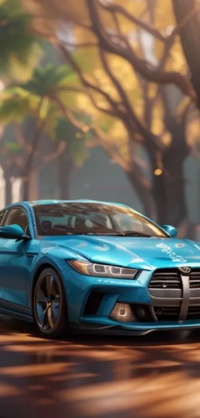 Blue sports car with palm trees in the background.