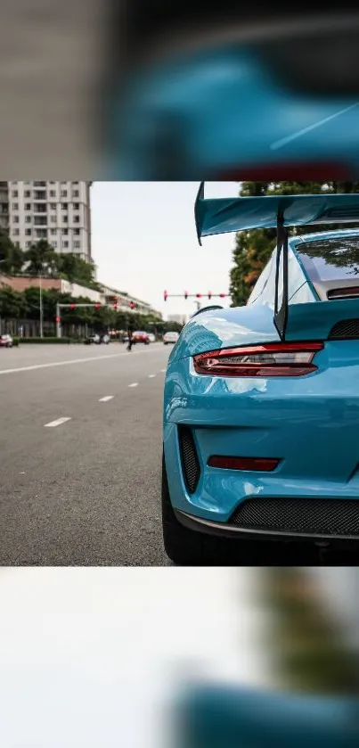 Dynamic blue sports car on city road background.