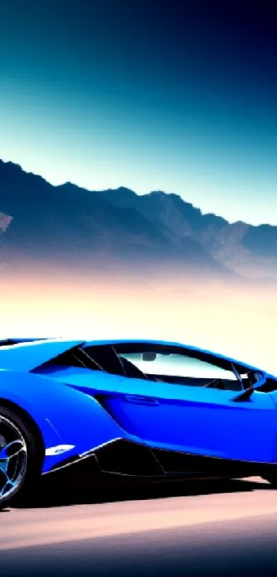 Vibrant blue sports car set against scenic mountains.