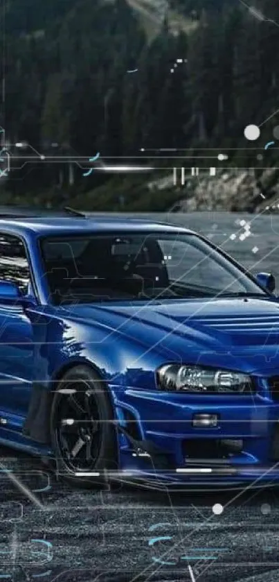 Blue sports car parked on mountain road with trees.