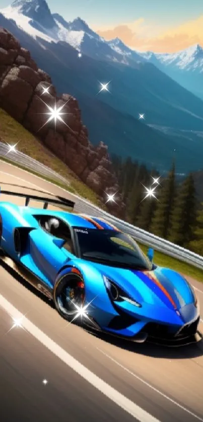 Blue sportscar racing on a mountain road with scenic view.