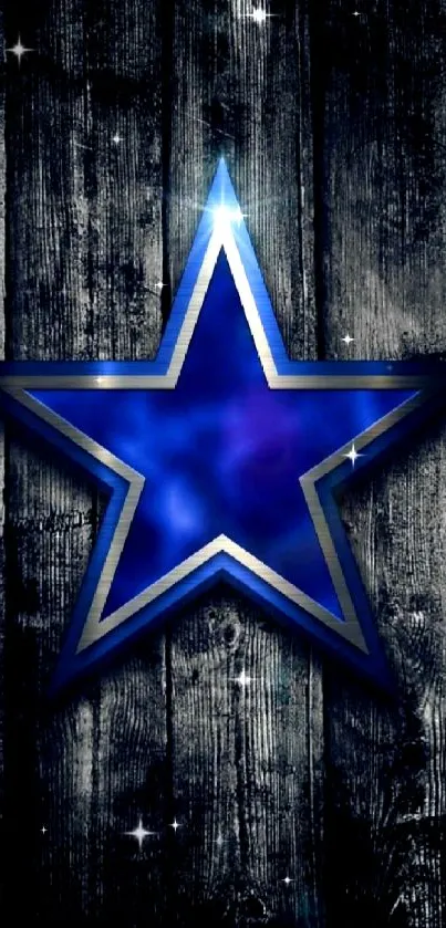 Blue star on a dark wooden background wallpaper.