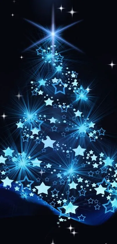 Blue starry Christmas tree with glittering stars and festive glow.