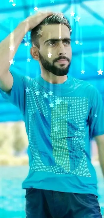 Man in a blue shirt with star effects on glossy background.