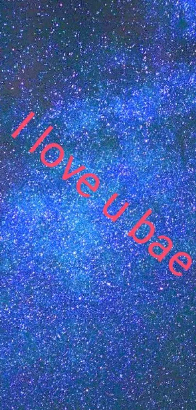 Blue starry wallpaper with 'I love u bae' text.