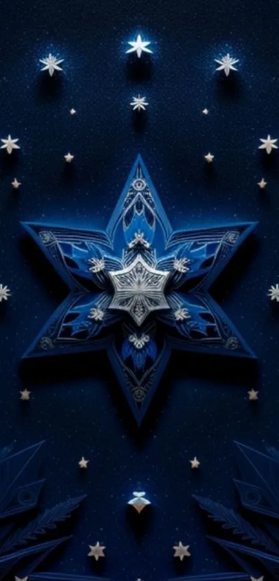 Intricate starry night wallpaper with blue geometric design and glowing stars.