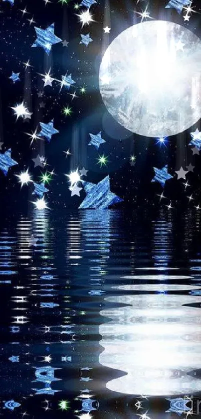 Starry night wallpaper with moon reflecting on a calm lake under a dark blue sky.