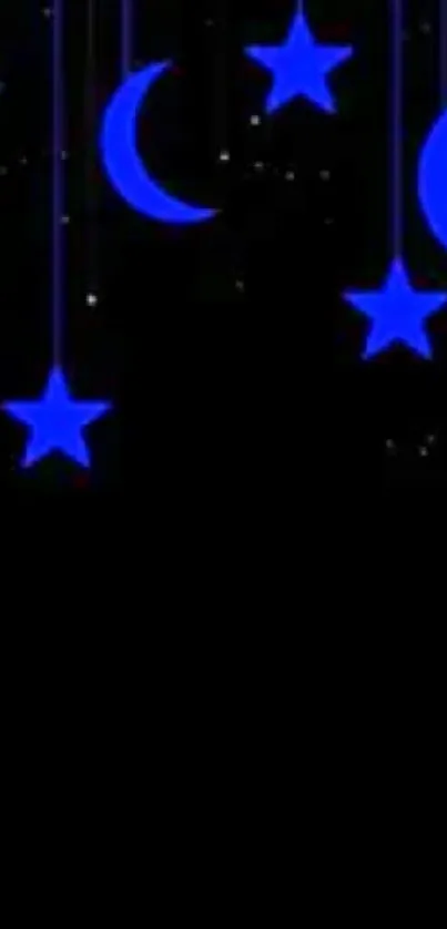 Blue stars and crescent moons on black background.