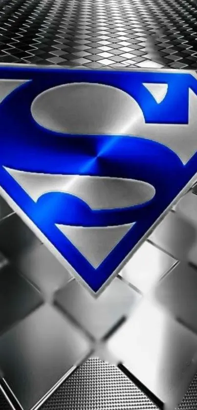 Metallic blue superhero emblem on checkered silver background.