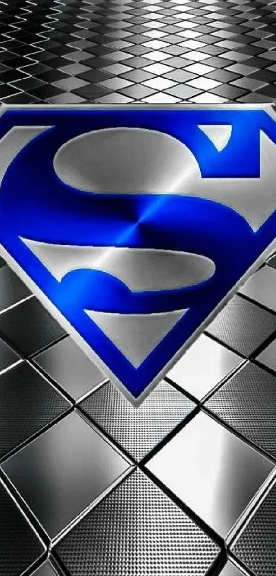 Blue superhero emblem on metallic background wallpaper.