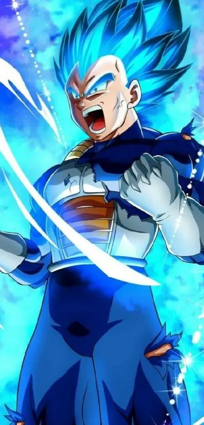 Anime Super Saiyan with blue energy aura.