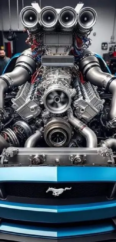 Supercharged blue sports car in a garage.