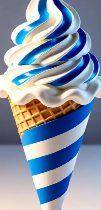 Blue and white swirled ice cream cone on wallpaper.