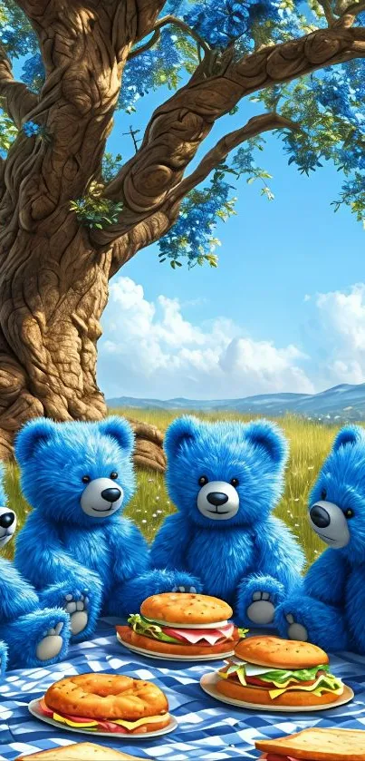 Blue teddy bears having a picnic under a tree.
