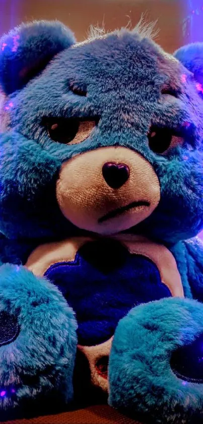 Blue teddy bear with a cute and cozy expression for mobile wallpaper.