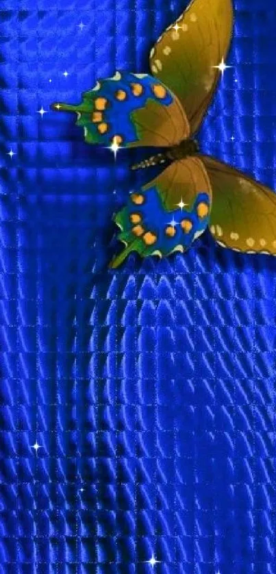 Vibrant blue textured wallpaper with a butterfly design.