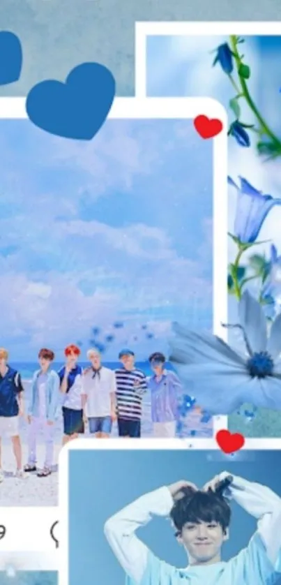 Blue themed wallpaper with group and flowers.