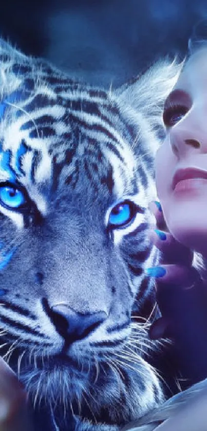 Fantasy wallpaper with glowing blue tiger and serene woman.