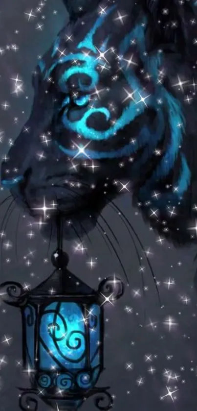 Mystical blue tiger holding a lantern with stars.