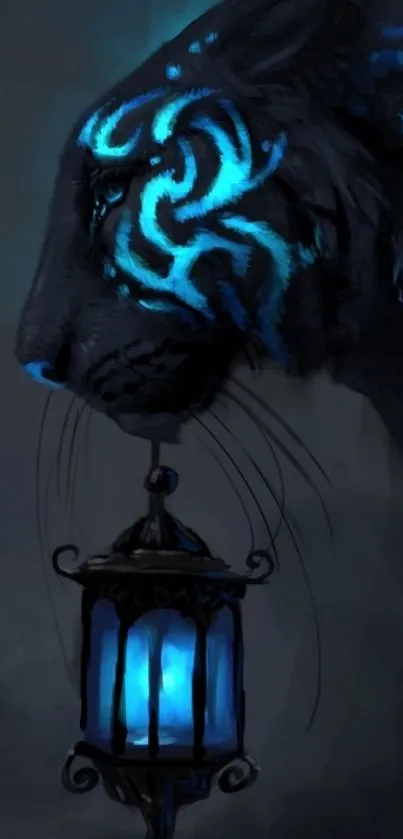 Blue glowing tiger with lantern wallpaper art.