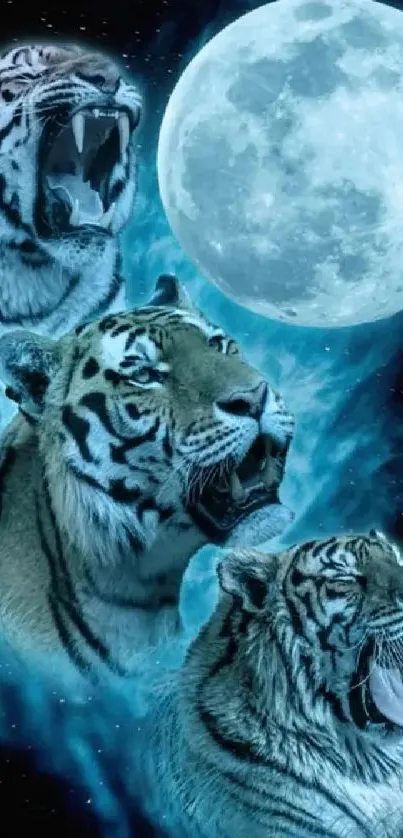 Blue-toned tigers under a glowing moon in a cosmic night sky wallpaper.