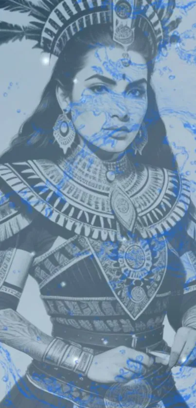 Intricate blue tribal-themed wallpaper design.