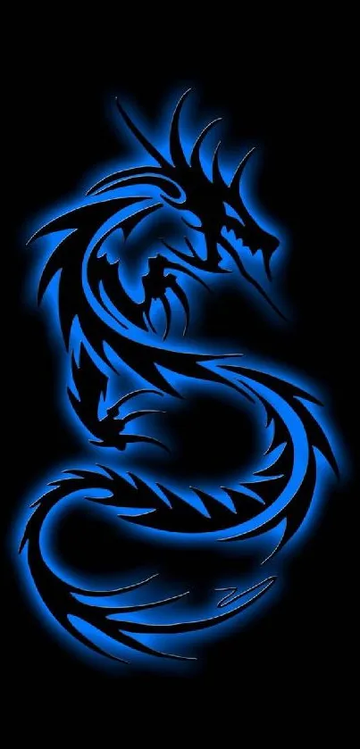 A vibrant blue tribal dragon art on a dark background wallpaper.