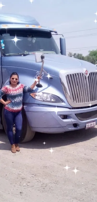 Woman with blue truck on a dusty road, sparkling effect.