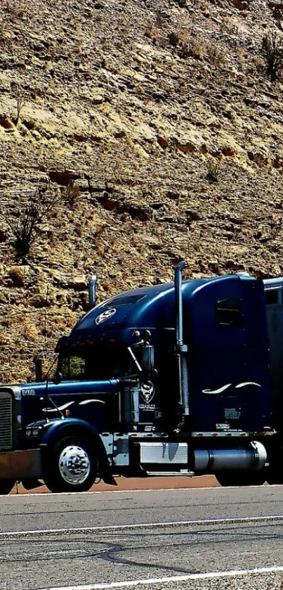 Dynamic blue truck driving on scenic desert highway.