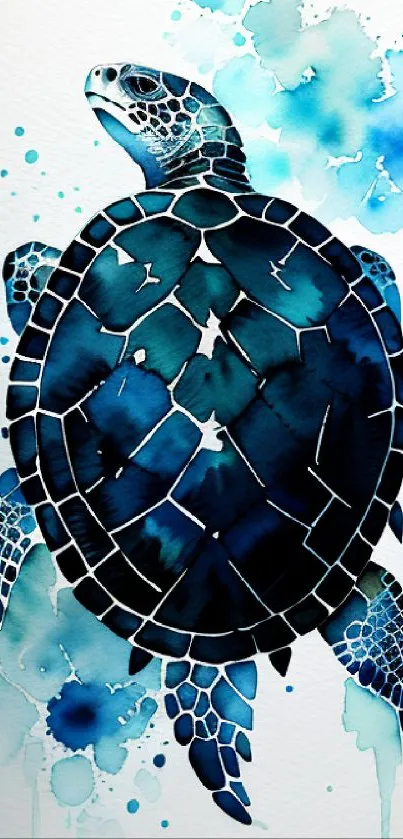 Watercolor sea turtle in dark blue hues, artistic mobile wallpaper.