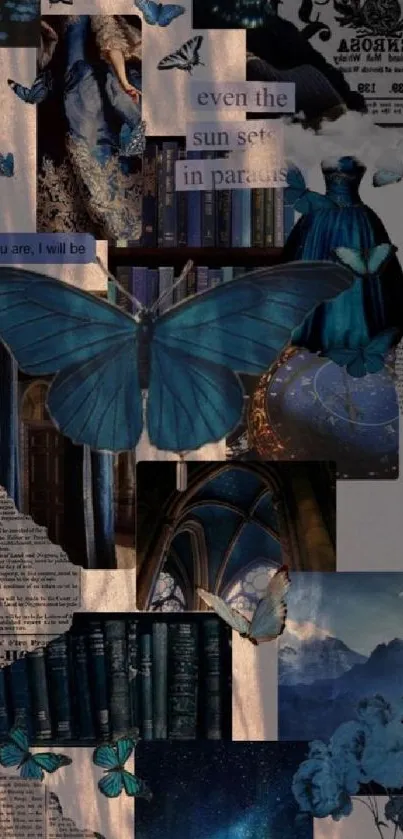 Blue butterfly with vintage collage art in dark blue tones.