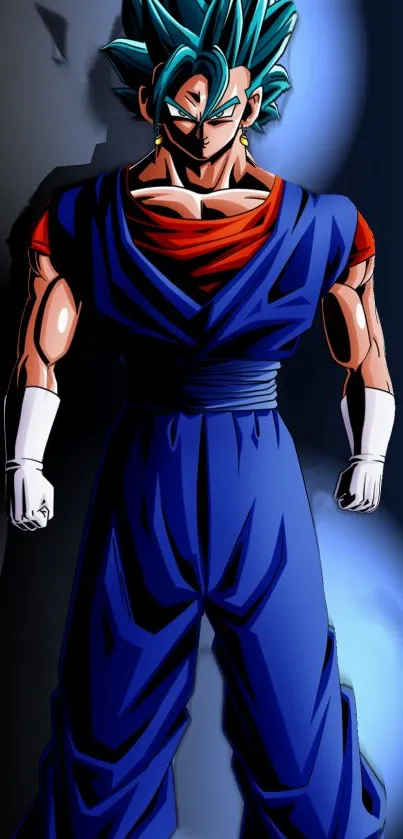 Anime character in blue attire stands powerfully, set against a shadowy background.