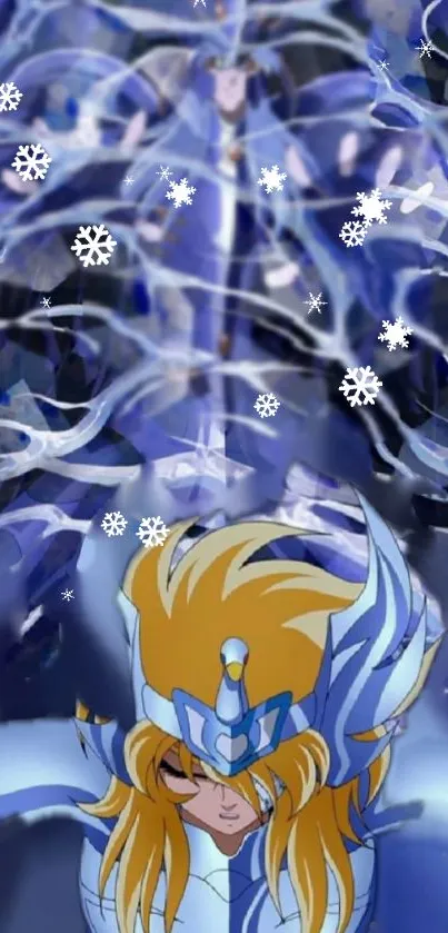 Anime warrior in blue armor with snowflakes, mystical and dynamic scene.