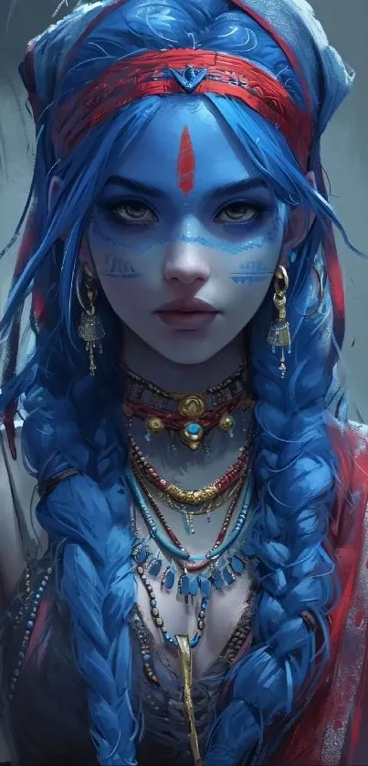 Fantasy blue warrior art with jewelry and braids in a striking portrait.