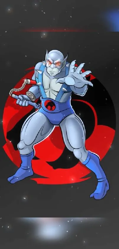 Blue armored cartoon warrior with bold symbol backdrop.