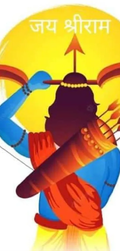 Colorful illustration of a blue warrior with a bow and arrow against a yellow circle.