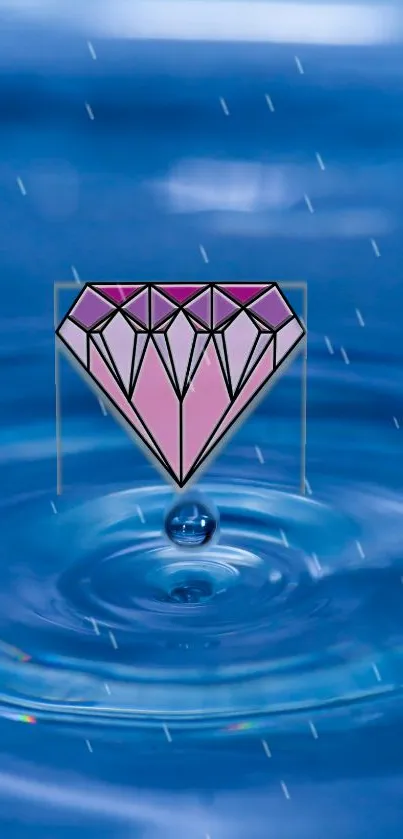 Pink diamond on blue water ripple background, mobile wallpaper.