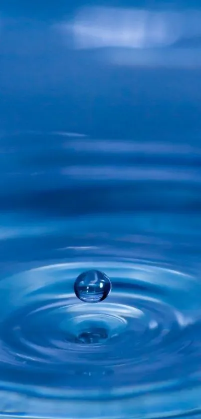 A droplet creates ripples on calm blue water surface phone wallpaper.