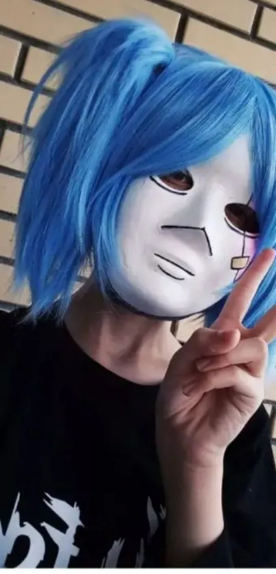 Anime character with blue wig and mysterious mask.