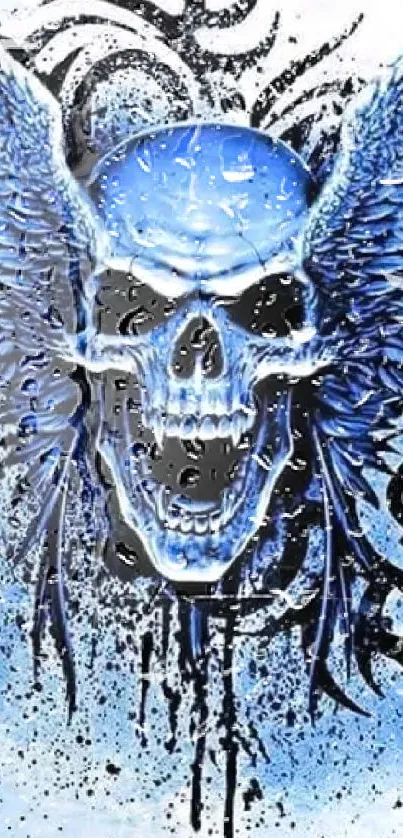 Blue winged skull with intricate design on a mobile wallpaper.