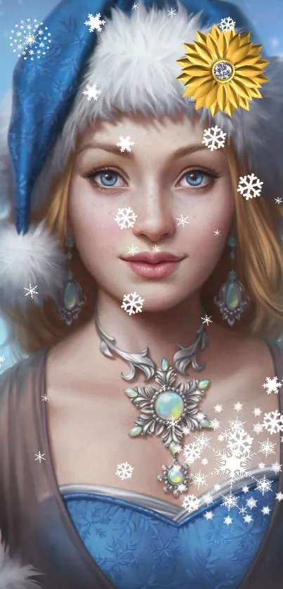 Fantasy blue winter scene with snow beauty and snowflakes.